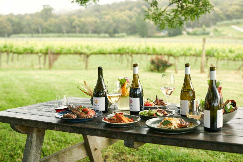 Food and wine on table